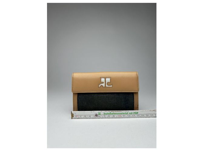 Vintage Courreges Leather Denim Wallet brown navy Beige - view 11