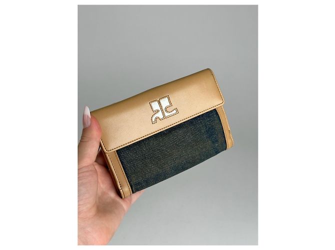 Vintage Courreges Leather Denim Wallet brown navy Beige - view 12