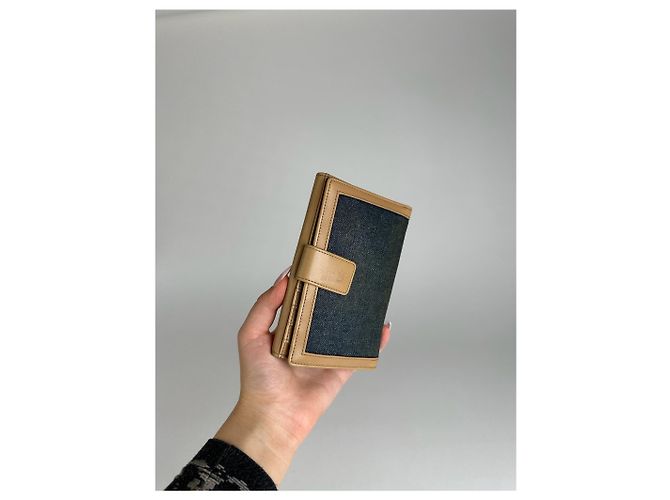 Vintage Courreges Leather Denim Wallet brown navy Beige - view 7