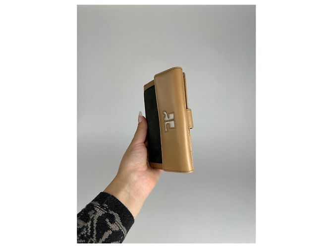 Vintage Courreges Leather Denim Wallet brown navy Beige - view 8