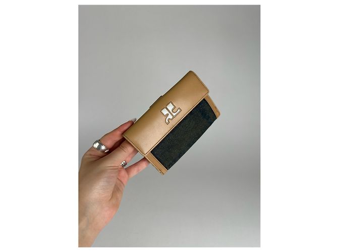 Vintage Courreges Leather Denim Wallet brown navy Beige - view 9