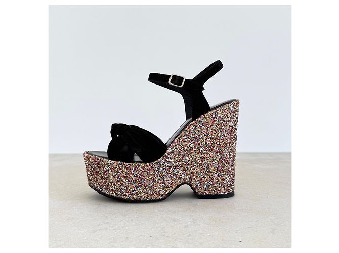 Sandali con zeppa Saint Laurent Suede Nero e Glitter Multicolore - vista 3