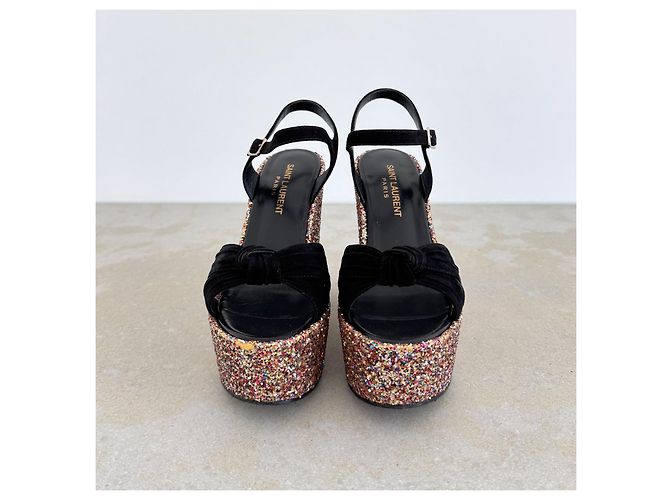 Sandali con zeppa Saint Laurent Suede Nero e Glitter Multicolore - vista 4