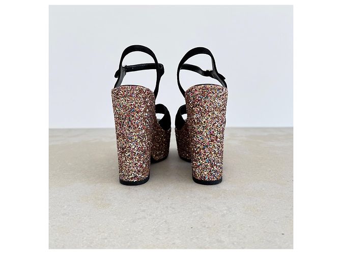 Sandali con zeppa Saint Laurent Suede Nero e Glitter Multicolore - vista 5