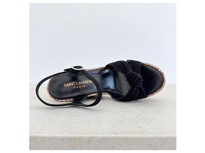 Sandali con zeppa Saint Laurent Suede Nero e Glitter Multicolore - vista 7