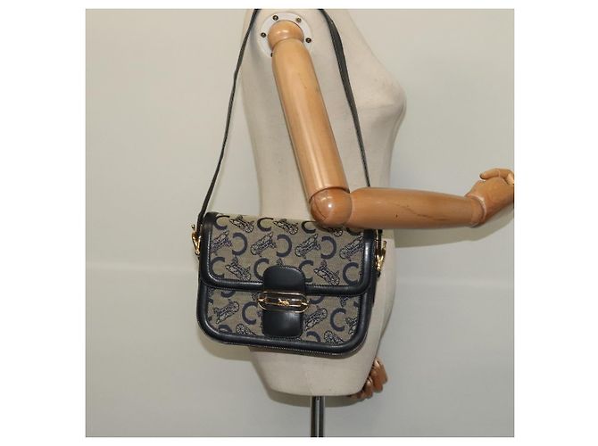 Céline Borsa a spalla CELINE C Sulky in tela blu navy e oro Auth BA1378 D'oro - vista 25