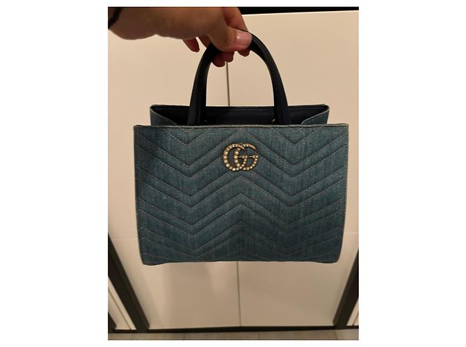 Gucci Borsa da shopping con manico in denim GG Marmont Blu - vista 3