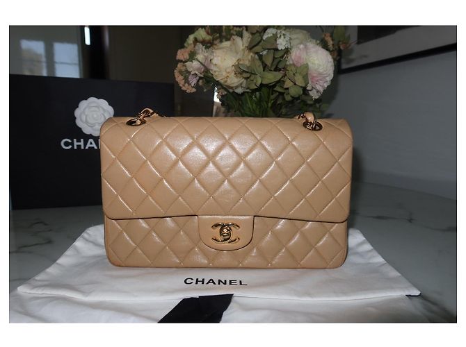 Borsa Chanel Timeless Classica – Pelle di Agnello Beige – Catena Dorata Cognac Gold hardware - vista 2