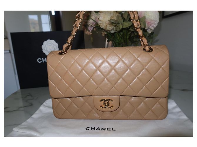 Borsa Chanel Timeless Classica – Pelle di Agnello Beige – Catena Dorata Cognac Gold hardware - vista 5