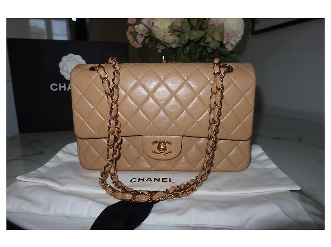 Borsa Chanel Timeless Classica – Pelle di Agnello Beige – Catena Dorata Cognac Gold hardware - vista 6