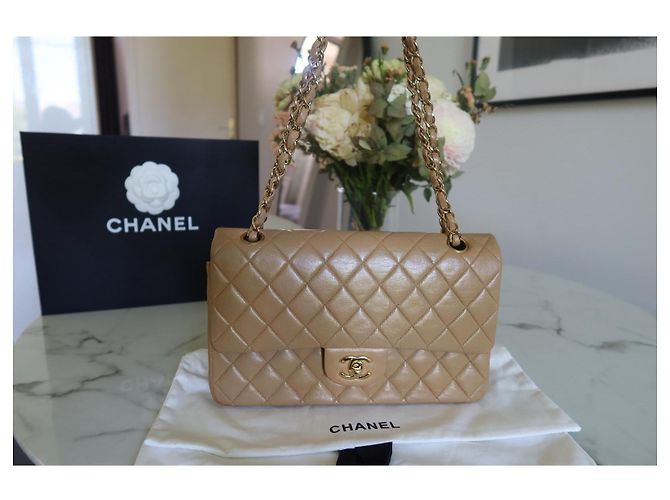 Borsa Chanel Timeless Classica – Pelle di Agnello Beige – Catena Dorata Cognac Gold hardware - vista 7