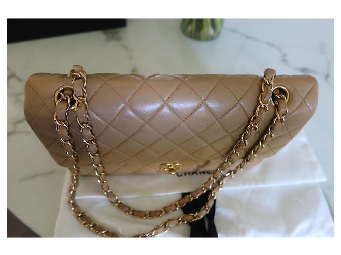 Borsa Chanel Timeless Classica – Pelle di Agnello Beige – Catena Dorata Cognac Gold hardware - vista 8