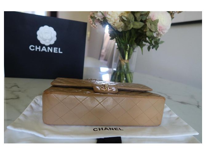 Borsa Chanel Timeless Classica – Pelle di Agnello Beige – Catena Dorata Cognac Gold hardware - vista 9