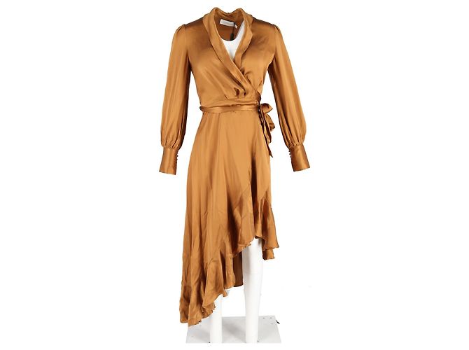 Vestido envuelto asimétrico con volantes en seda bronce de Zimmermann Metálico - vista 4