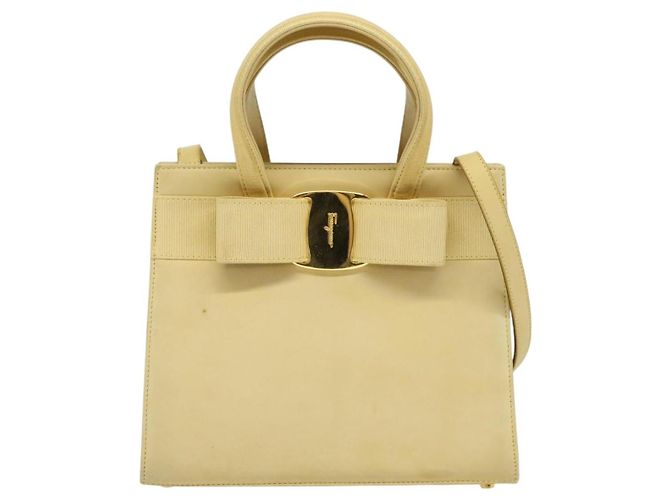 Salvatore Ferragamo Vala Hand Bag Suede Beige Gold Auth BA1438 Golden - view 13