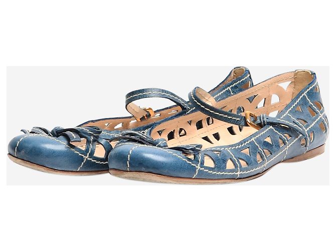 Bow Prada Blue leather cutout Mary Jane flats - size EU 39 - view 2