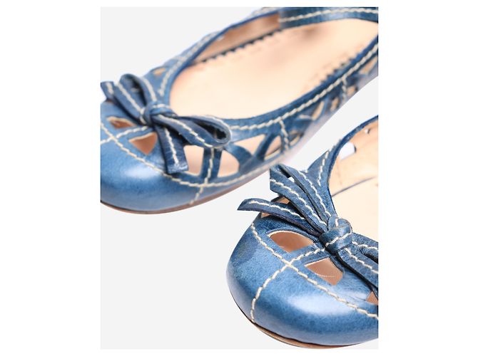 Bow Prada Blue leather cutout Mary Jane flats - size EU 39 - view 4