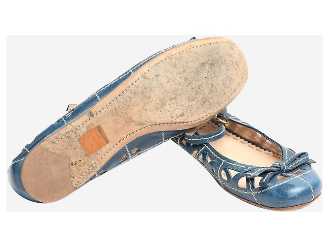 Bow Prada Blue leather cutout Mary Jane flats - size EU 39 - view 5