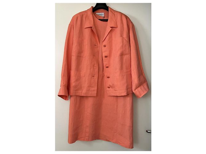 Chanel Leinenkleid und Jacke Set Orange 46FR - Ansicht 12