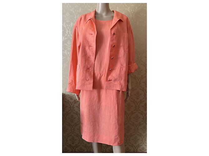 Chanel Leinenkleid und Jacke Set Orange 46FR - Ansicht 2