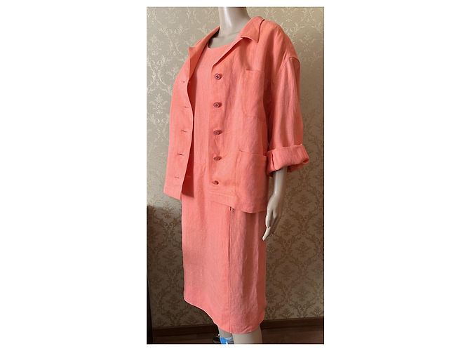 Chanel Leinenkleid und Jacke Set Orange 46FR - Ansicht 7