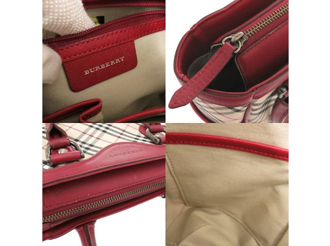 Burberry Nova Check Leder-Canvas-Handtasche Rot Beige - Ansicht 9