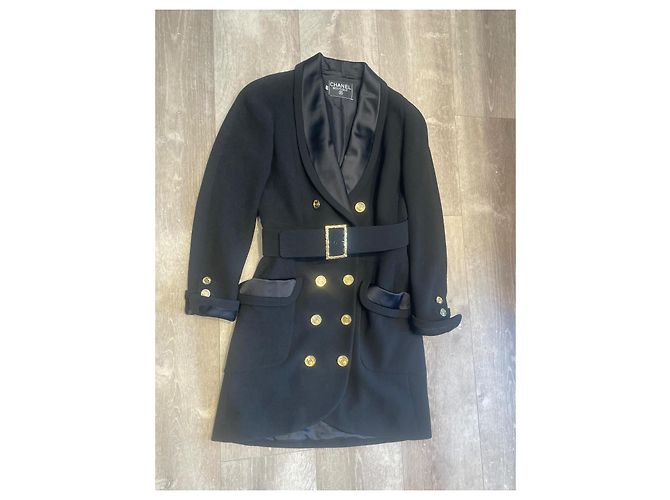 Chanel Abito Cappotto Nero in Seta e Lana Taglia 42 - vista 2