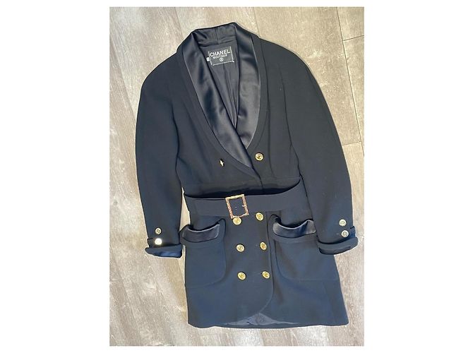 Chanel Abito Cappotto Nero in Seta e Lana Taglia 42 - vista 6