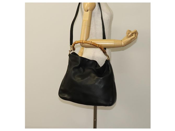 Borsa a mano in pelle GUCCI Bamboo 2 vie nera oro 001 1781 1577 Auth ac3788 Nero D'oro - vista 21