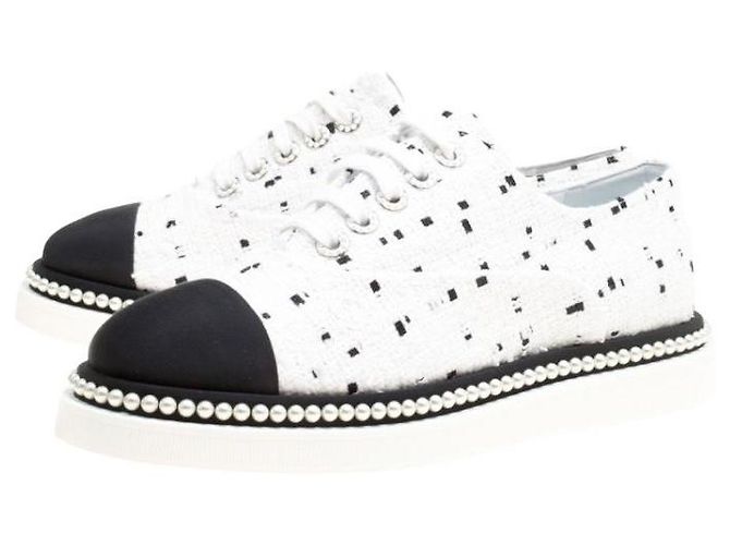 CHANEL 2017 NERO BIANCO TWEED PERLA TRIM LACE UP OXFORD SNEAKER FLATS EU 38.5 - vista 4
