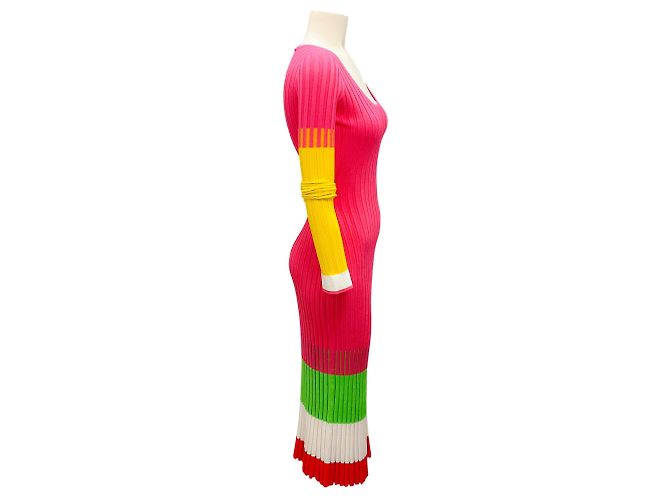 Prabal Gurung Hot Pink Mehrfarbiges Langarm-Rippstrick-Midi-Kleid - Ansicht 2