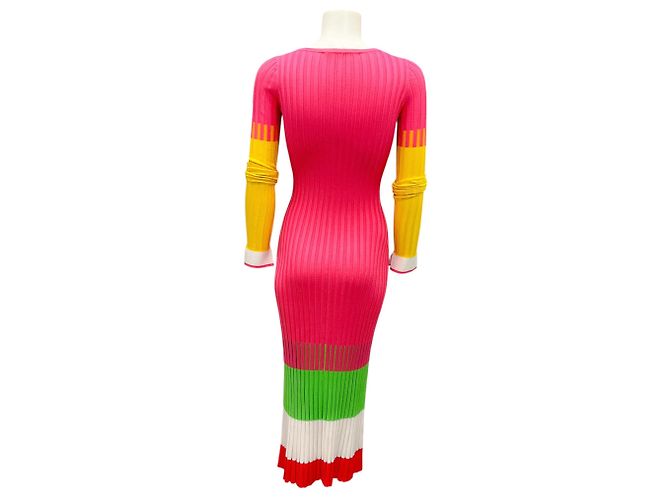 Prabal Gurung Hot Pink Mehrfarbiges Langarm-Rippstrick-Midi-Kleid - Ansicht 3