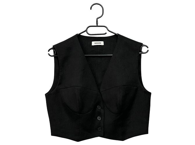 Sandro Top corto negro de lino con escote en V - vista 2