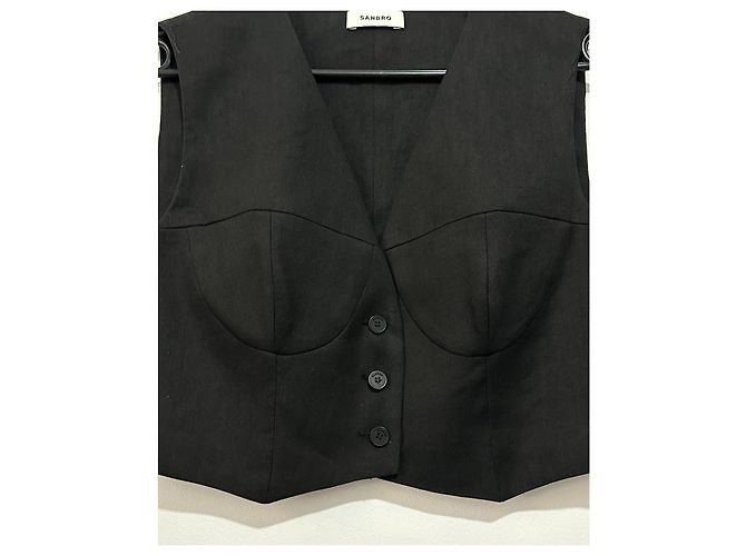 Sandro Top corto negro de lino con escote en V - vista 3