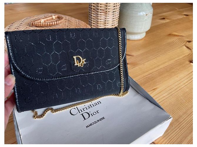 Borsa a spalla Christian Dior nera tessuto a nido d'ape catena dorata Nero - vista 2