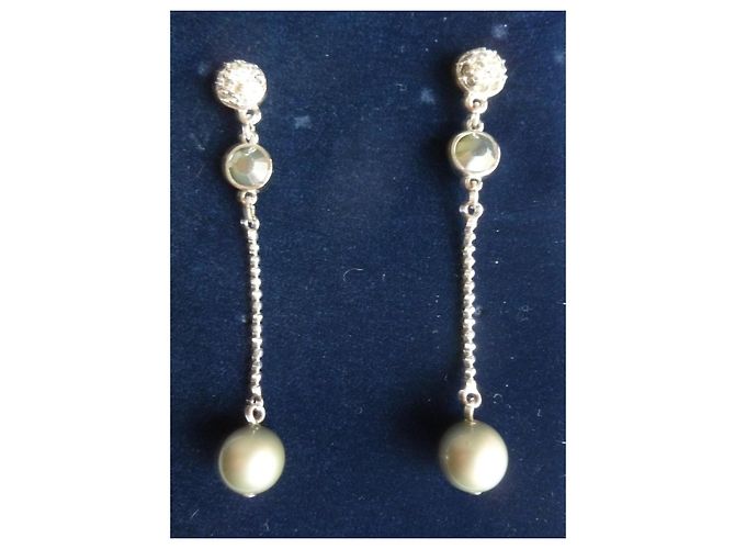 Nuove orecchini in perle e cristalli Swarovski. Argento Grigio Verde chiaro - vista 4