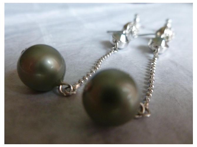 Nuove orecchini in perle e cristalli Swarovski. Argento Grigio Verde chiaro - vista 7
