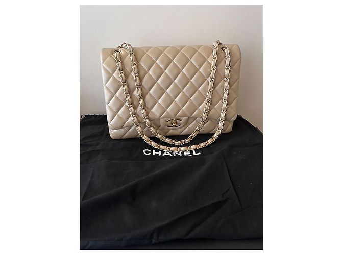 Borsa Chanel Maxi Double Flap Beige in Pelle - vista 4