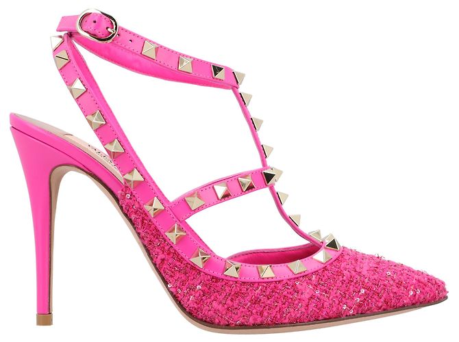 Valentino Garavani Décolleté Valentino Caged 100 in tweed e pelle rosa - vista 6