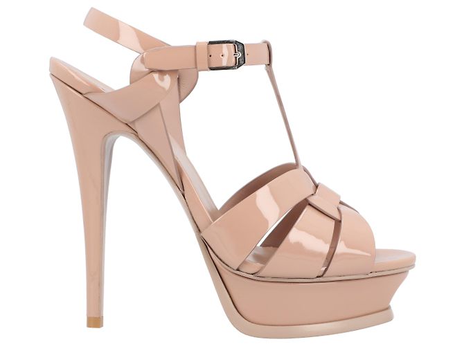 Sandali con piattaforma in pelle verniciata beige Saint Laurent Tribute Marrone - vista 6