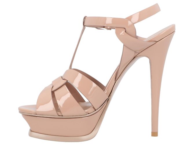 Sandali con piattaforma in pelle verniciata beige Saint Laurent Tribute Marrone - vista 2