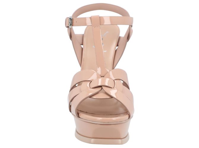 Sandali con piattaforma in pelle verniciata beige Saint Laurent Tribute Marrone - vista 5