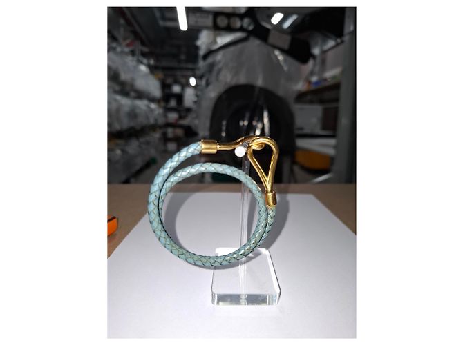 Hermès Jumbo H Armband aus blauer Leder Golden Metallisch - Ansicht 10
