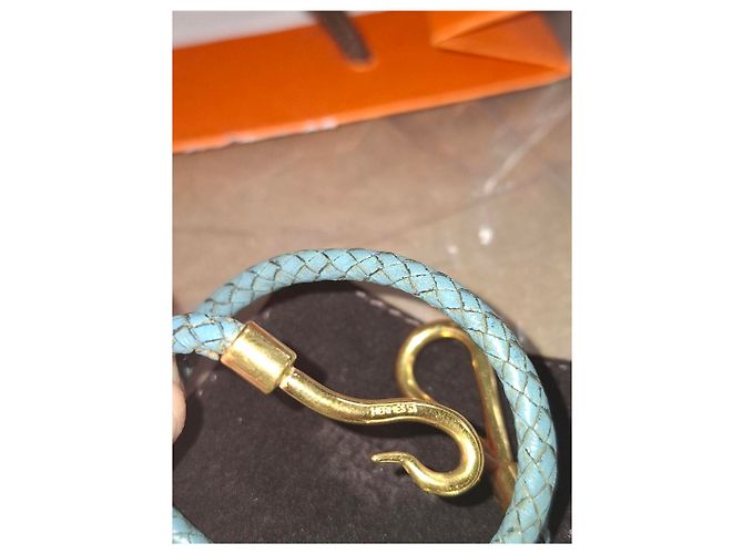 Hermès Jumbo H Armband aus blauer Leder Golden Metallisch - Ansicht 7