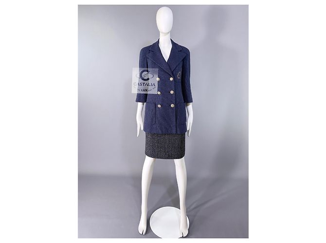 Chanel Navy Tweed Jacke mit ikonischem CC-Logo-Patch 36 FR Marineblau - Ansicht 13