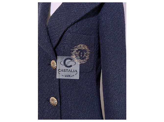 Chanel Navy Tweed Jacke mit ikonischem CC-Logo-Patch 36 FR Marineblau - Ansicht 6