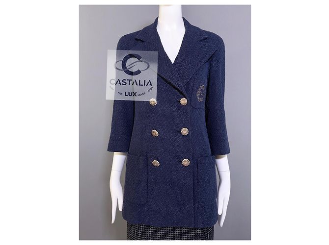 Chanel Navy Tweed Jacke mit ikonischem CC-Logo-Patch 36 FR Marineblau - Ansicht 9