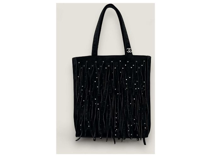 Mini tote in suede con frange di Chanel con strass Nero - vista 2