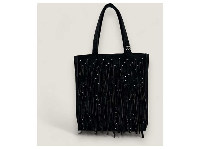 Mini tote in suede con frange di Chanel con strass Nero - vista 5