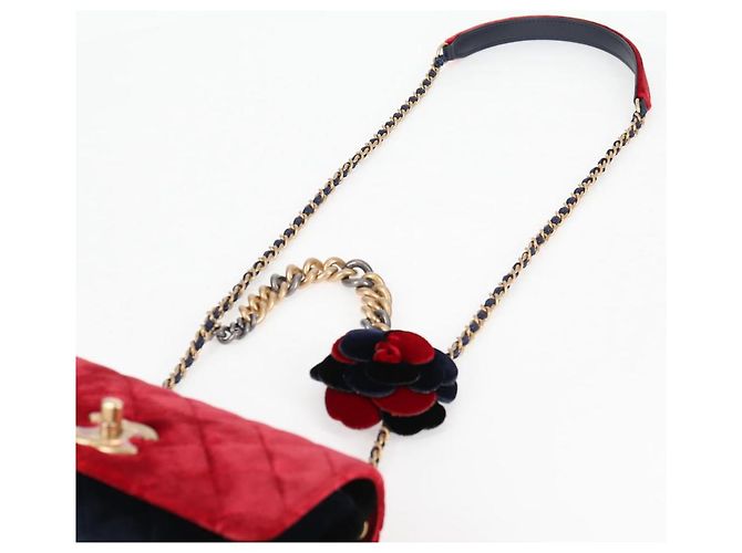 CHANEL Matelassé Camelia Borsa a Spalla con Catena Velluto Rosso CC Auth KD378SM Blu navy - vista 11